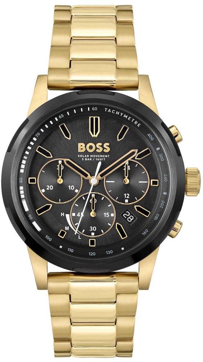 BOSS HB1514033 SOLGRADE Heren Horloge - Mineraalglas - Staal - Goudkleurig - 44 mm breed - Quartz - Vouw-Vlindersluiting - 5 ATM (douchen)