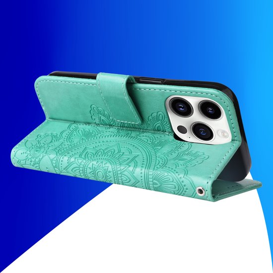 Coque adaptée pour iPhone 16 - Bookcase - Porte-cartes - Portefeuille - Imprimé fleurs - Simili cuir - Turquoise