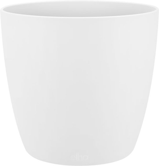 Een lege, witte Elho bloempot.