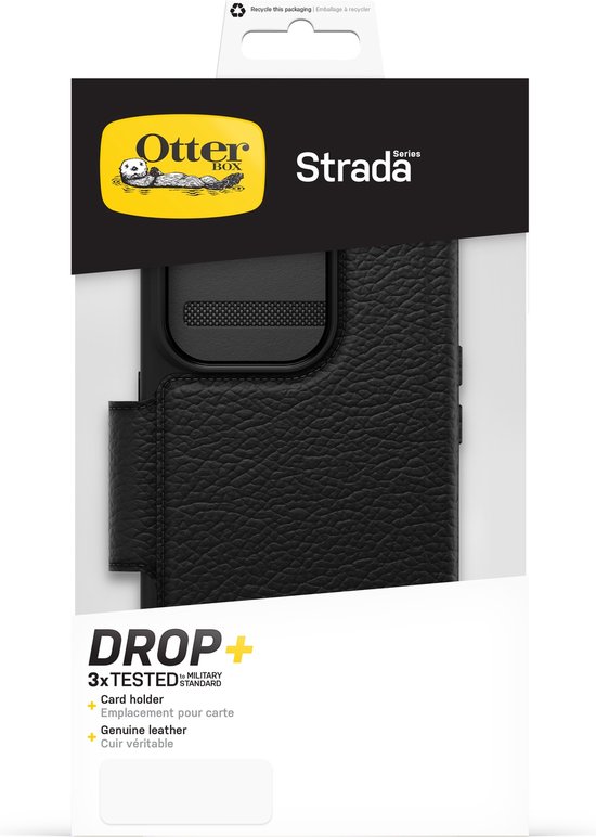 OtterBox Strada Series telefoonhoesje in zwart leer, met kaarthouder, 3x getest, militaire standaard.