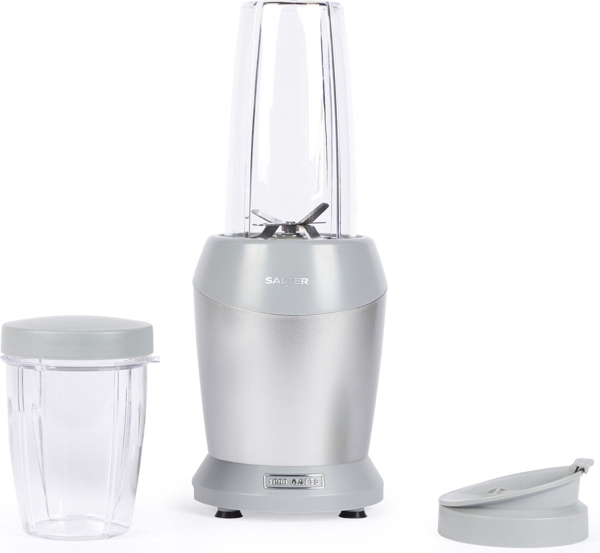 Salter Aspen NutriPro-blender – compacte persoonlijke blender mini-smoothiemaker blenderkan van 1 liter met opbergdeksel drinkbeker van 800 ml afneembaar mes met 6 vleugels BPA-vrij 1000 W zilver