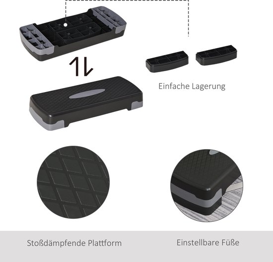 Illustratie toont hoe de step in 2 delen kan worden opgeborgen. Close-ups van het stootvaste platform en instelbare poten.