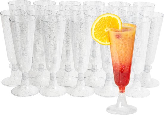 MATANA - 24 Flûtes à champagne en plastique réutilisables 150 ml - à Glitter argentées