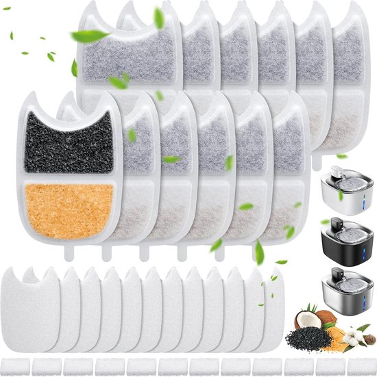 Een reeks waterfilters en sponzen voor kattenfonteinen, met kokosnoot, kool en zand.