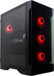 Zwarte computerkast met glazen zijkant en drie rode LED-ventilatoren.