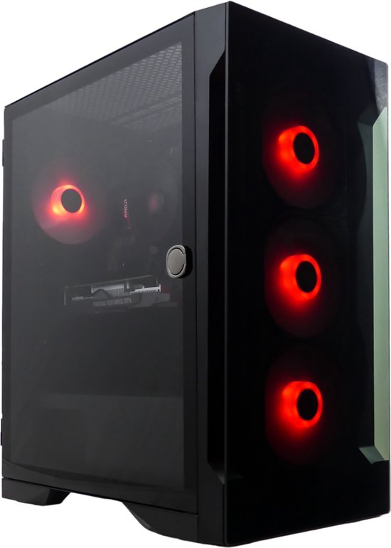 Zwarte computerkast met glazen zijkant en drie rode LED-ventilatoren.