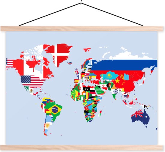Posterhanger incl. Poster 120x90 cm - Schoolplaat - Wereld - Kaart - Vlag - Landen - Textielposter - Blanke latten