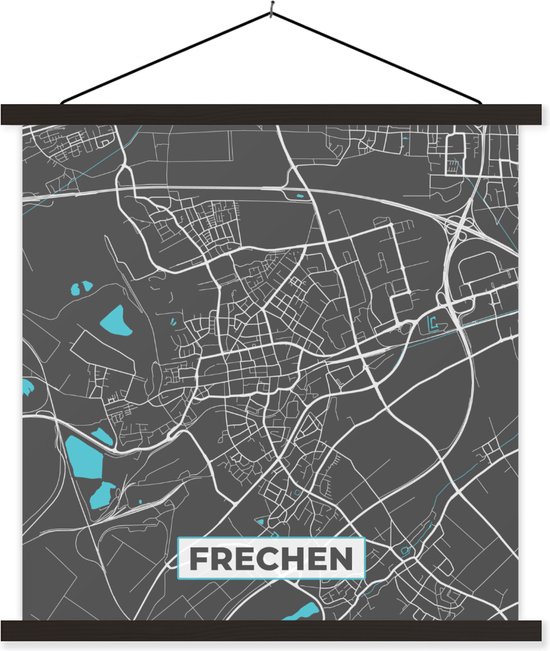 Porte-affiche avec affiche - Affiche scolaire - Frechen - Plan de la ville - Blauw - Plan - Plan de la ville - Carte - Allemagne - 60x60 cm - Lattes noires