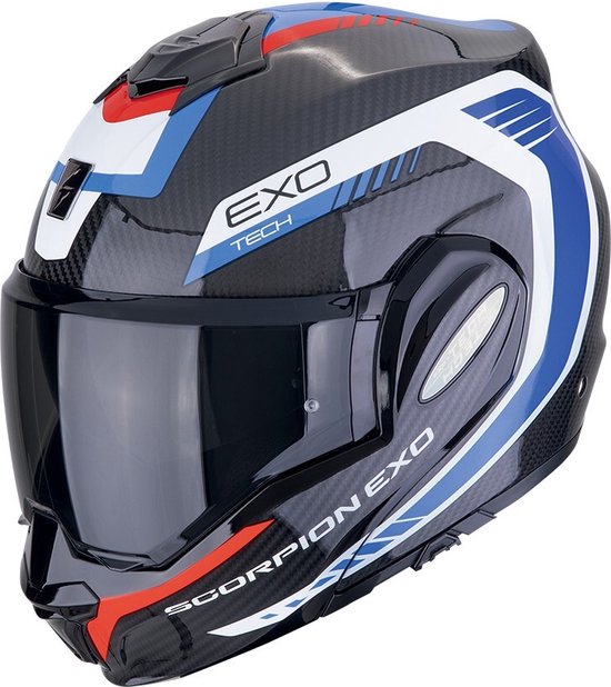 Scorpion Exo-Tech Evo Carbon Cosy Black-Blue-Red - Maat S - Jethelm - Scooter helm - Motorhelm - Blauw Carbon Rood Wit - Scooterhelmen mannen en vrouwen.