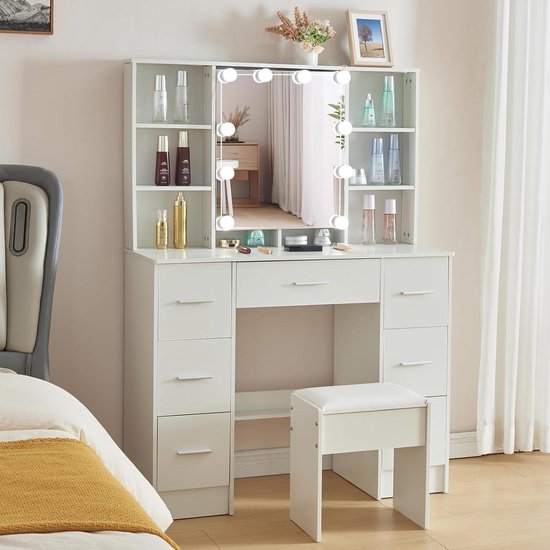 Make-uptafel met grote spiegel, extra plank achter de spiegel, sieradenvak en