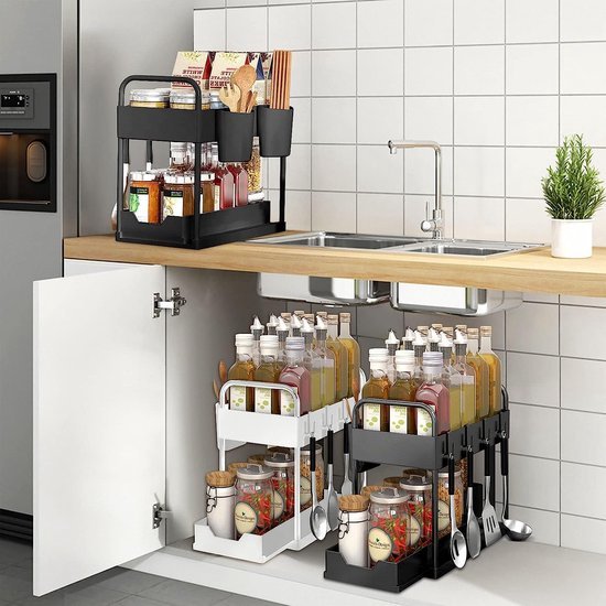 onder gootsteen organizer, 2-sifons kruidenrek, metalen rek, organizer onder de wastafel met uittrekbare schuifladen onder gootsteen organizer, 2-sifons kruidenrek, metalen rek, organizer onder de wastafel met uittrekbare schuifladen