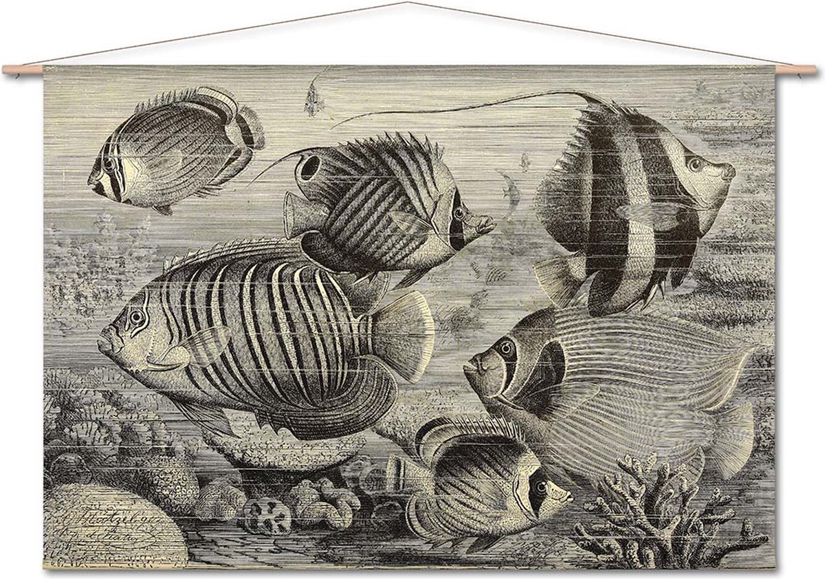 Wanddoek-XL Gravure koraalvissen (zonder houten stokken)
