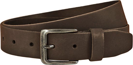 Bruine leren riem met zilverkleurige gesp.