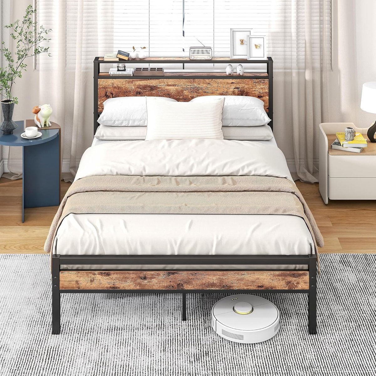 JGS® - Robuust Zwart Tweepersoonsbed, 120 x 200cm, Metalen Bedframe met Opbergruimte-