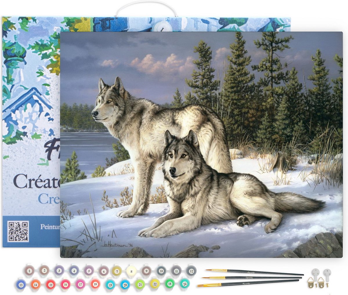 Figured'Art Schilderen op Nummer Volwassenen met lijst - Wolfspaar - Handwerk acrylverf Kit DIY Compleet - 40x50cm Canvas al ingelijst