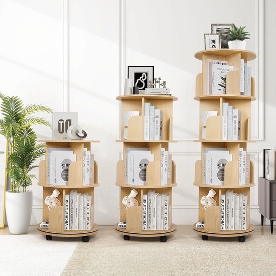 Boekenkast 5-laags roterende huisvormige boekenplank massief hout draaibare boekenkast rubberhout 360° display vloerstaand boek opbergrek organizer voor kinderkamer staand rek