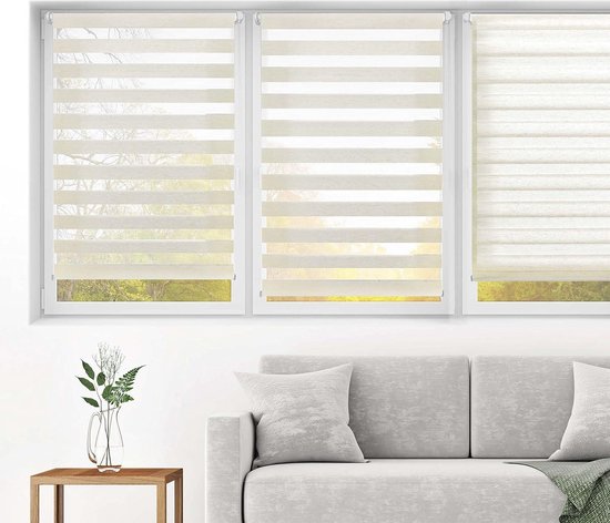 Store enrouleur double couche nuit et jour - 140 x 130 cm - Blanc - Sans outils - Occultant - Économie d'énergie.