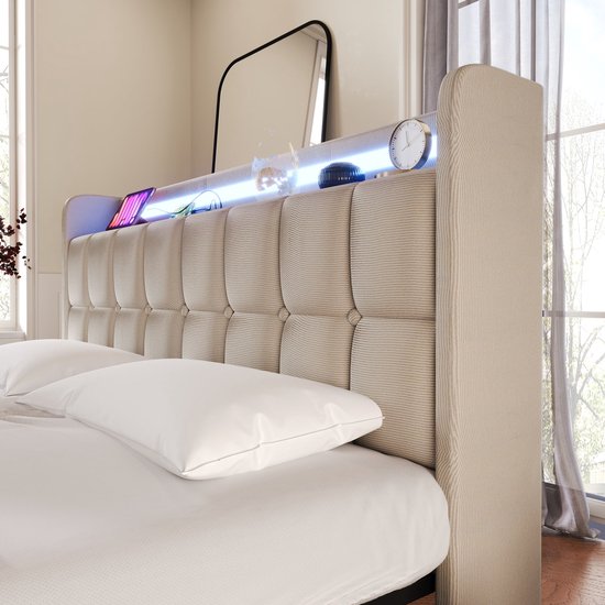 Merax Lit Double Queensize 160x200cm Comprenant Matras en Mousse Froide et 4 Tiroirs - Lit Rembourré avec Fonction de Chargement USB et LED- Siècle des Lumières - Beige