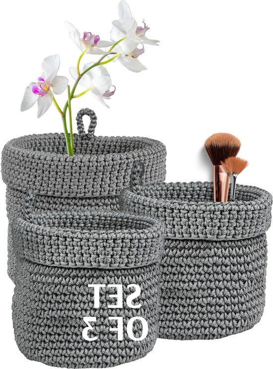 MOMO WAY Gevlochten Opbergmand Grijze Gehaakte Manden Voor Kleine Spullen Organizer Voor Speelgoed Make-up Sleutels en Meer 1 St 14x14 cm
