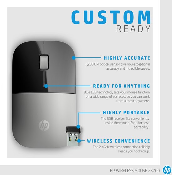 Souris Sans Fil HP Z3700 - 1200 DPI - Capteur LED Bleue - Autonomie 16 Mois - Noir