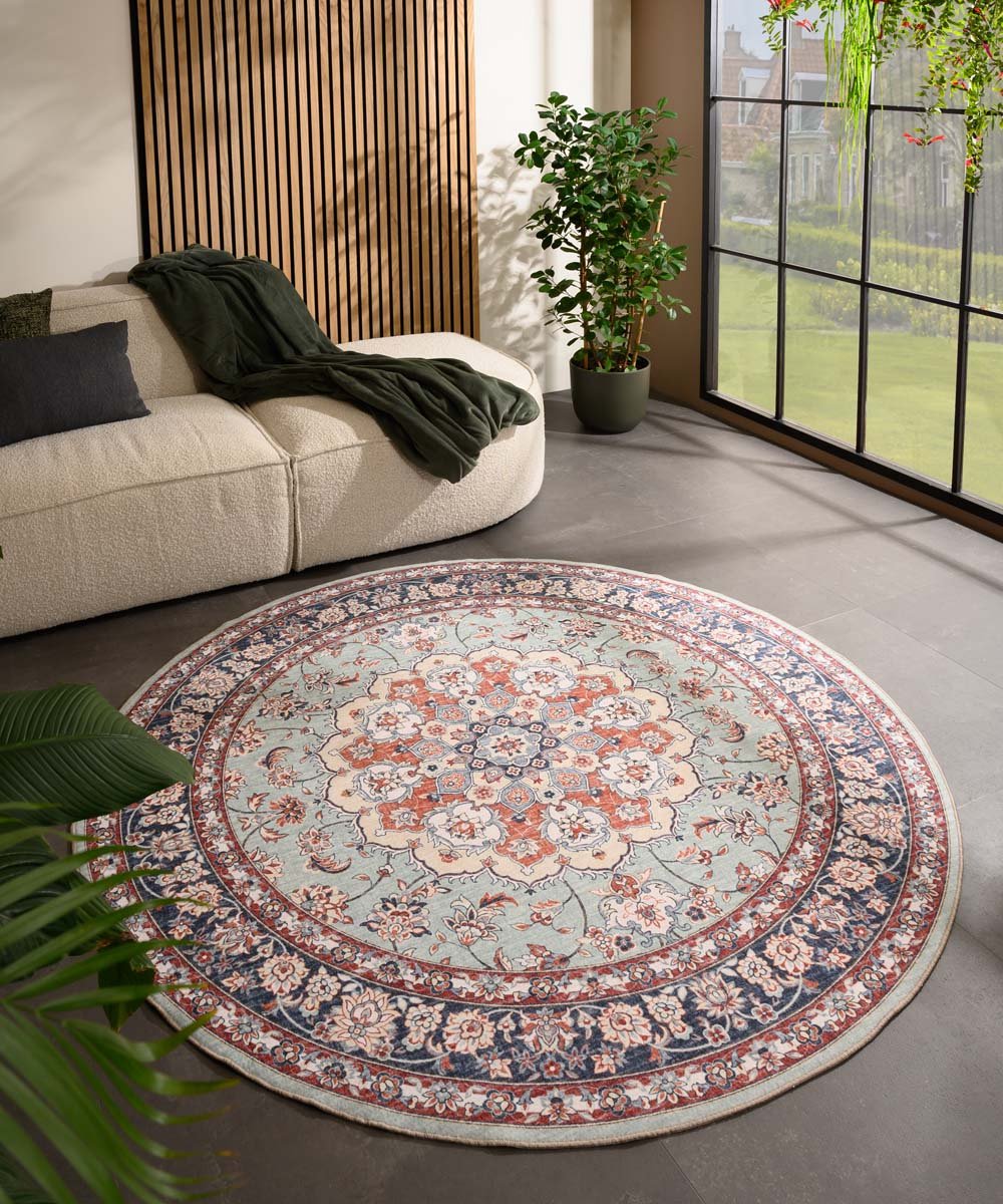 Rond Vintage buitenkleed - Valenca Nova saliegroen/rood 115 cm