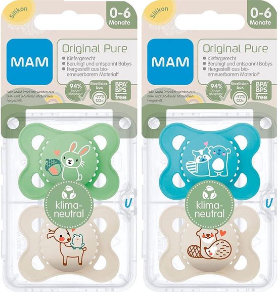 MAM Originele "Skin Soft" siliconen fopspeen PURE 0-6 Unisex // set van 4 // incl. 2 sterilisetransportboxen van MAM — afbeelding 5
