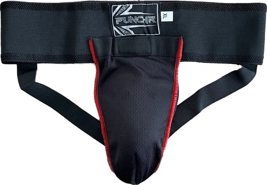 Zwarte kruisbeschermer met rode bies en Punchr logo. Maat XL.