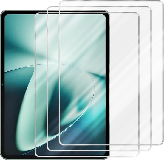 Drie doorzichtige screenprotectors, op elkaar gestapeld, op een tablet.