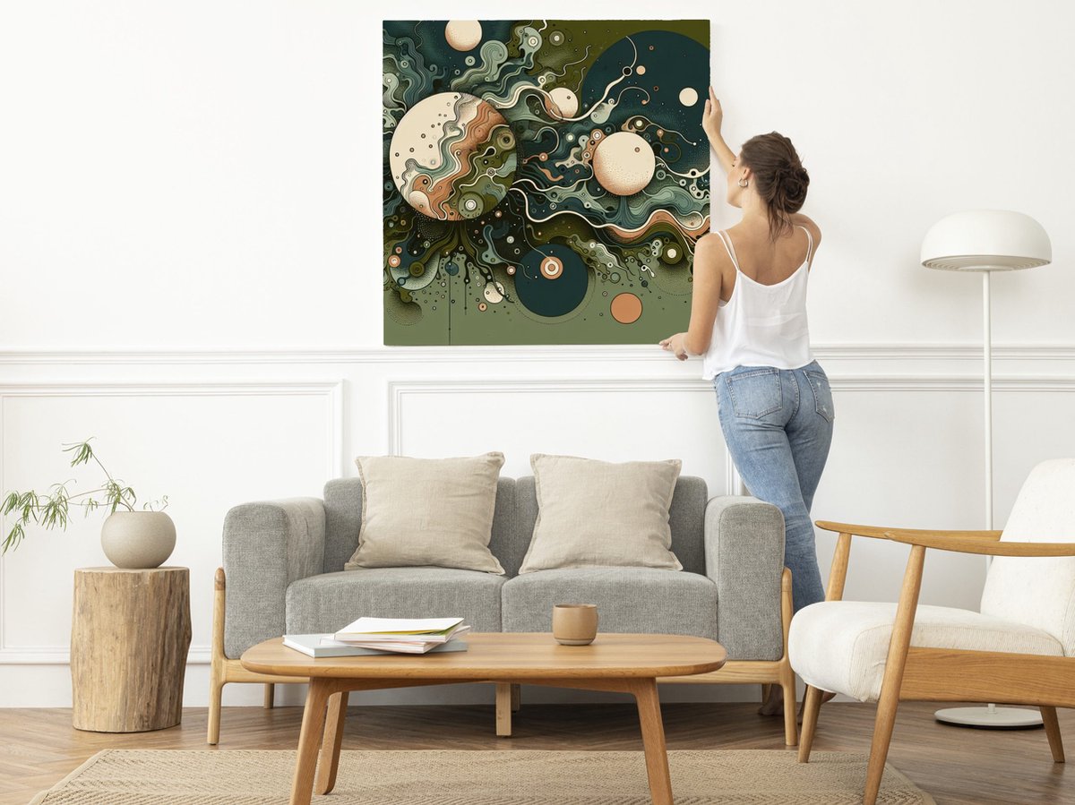 Abstract mos schilderij | Mysterieus mos onthult oneindige abstracte schoonheid in uniek kunstwerk | Kunst - 60x60 centimeter op Dibond | Foto op Dibond