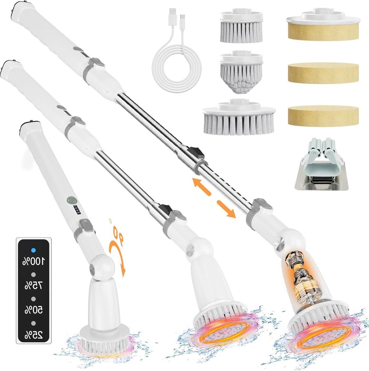 Goedkoopste Elektrische spinschrobber IPX7 badkamerschrobberreiniger - douchereinigingsborstel met verstelbaar handvat - draadloos en dubbele snelheid - 2024 model schrobber met steel