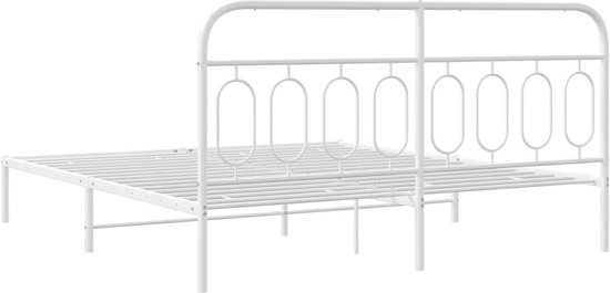 Wit metalen bedframe met een rond hoofdbord en horizontale spijlen.