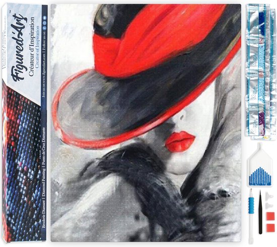 Figured' Art Diamond Painting set Adultes 40x50 cm Femme avec chapeau rouge - 5D DIY Art diamant carré - Toile roulée