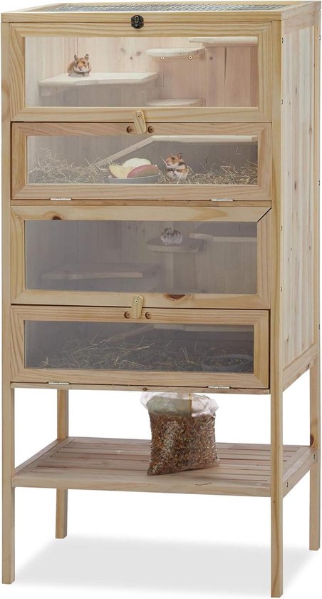 Hamsterkooi 3 etages houten knaagdierhok met klepjes - 120x60x40 cm - XXL natuurlijke knaagdierenkooi
