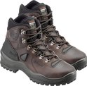 Paar bruine lederen wandelschoenen met zwarte veters en details.