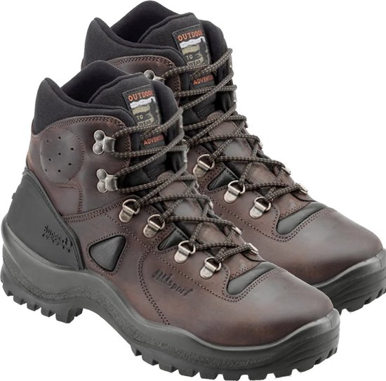 Paar bruine lederen wandelschoenen met zwarte veters en details.