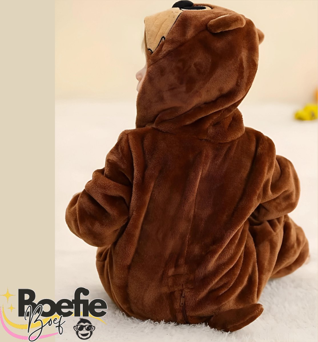 BoefieBoef Dieren Baby Onesie Peuter Pyjama Kinderen 6 maanden tot 2 jaar – Verkleedkleding met Luierrits – Carnaval Dierenpak - Halloween en Kraamcadeau Tip – Zacht Flanel - Romper - Boxpak - Jongens - Meisjes - Kruippak - Kangoeroe - Bruin — afbeelding 8