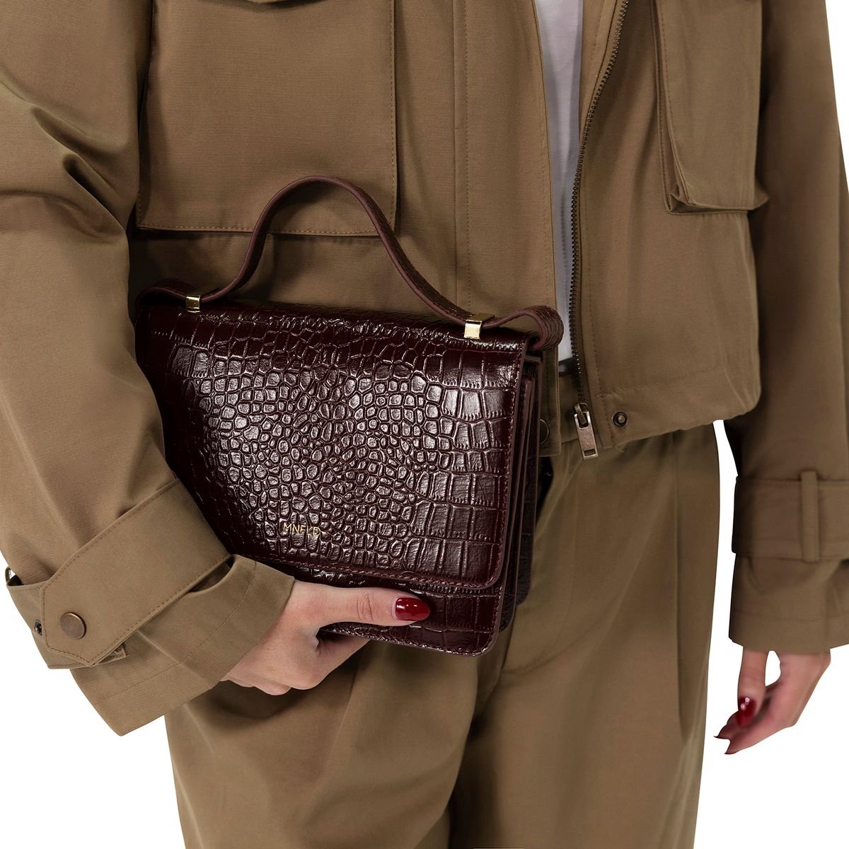 Manfield - Bordeaux rode lakleren croco schoudertas