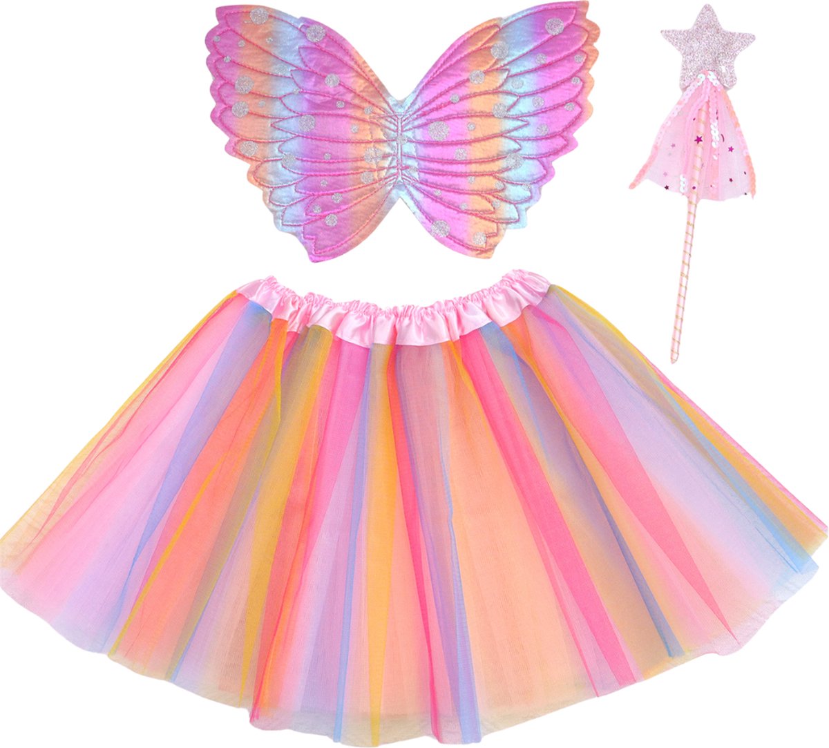 Joya Kids® Regenboog tutu met Vleugels en Staf | Tover fee Verkleedset voor Meisjes | Tutu verkleedkleding | Prinsessencape | Cape Set | Unicorn | Meisje Verkleedset | Carnvalskleding Halloween Meisjes | Met Staf, Vleugels en Tutu | Metallic Roze — afbeelding 6