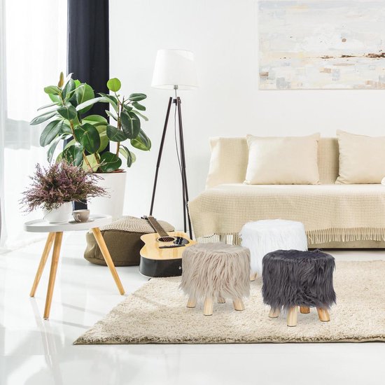 Relaxdays stool with fur, 4 wooden legs, padded, artificial sheet, decorative hocker, Hx: 31x31 cm, in grey