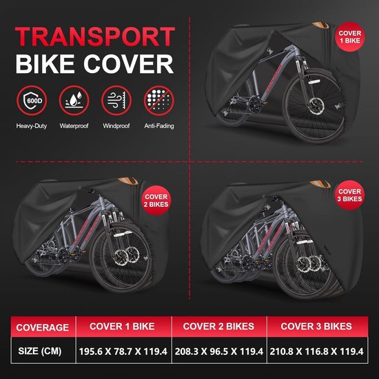 Zettum Fietshoes voor het vervoer van 2 fietsen, volledig gesloten fietshoes voor buitenopslag op achterdeur, waterdicht, PU 600D voor 2 fietsen op autokoppeling Zettum Fietshoes voor het vervoer van 2 fietsen, volledig gesloten fietshoes voor buitenopslag op achterdeur, waterdicht, PU 600D voor 2 fietsen op autokoppeling