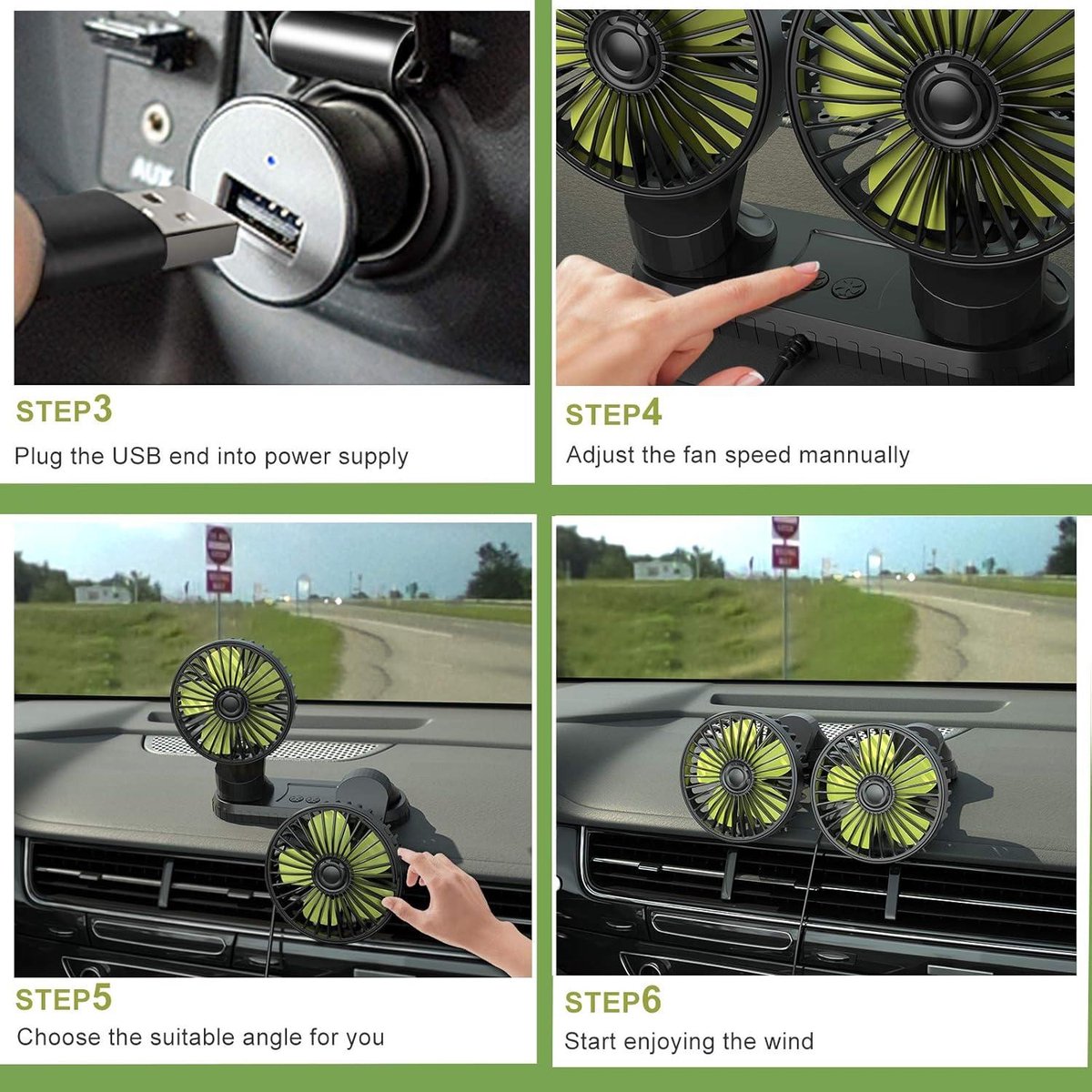 CEWROM Autoventilator voor achterbank, 360° draaibare dubbele kop, USB