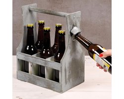 FSC® Houten Bierkrat met Bierflessen opener - Bier Flessenhouder voor 6 flessen met opener - Bier butler - Bierkrat Flessen Drager - Bier Krat - Afm. 25 x 16,8 x 32 Cm.