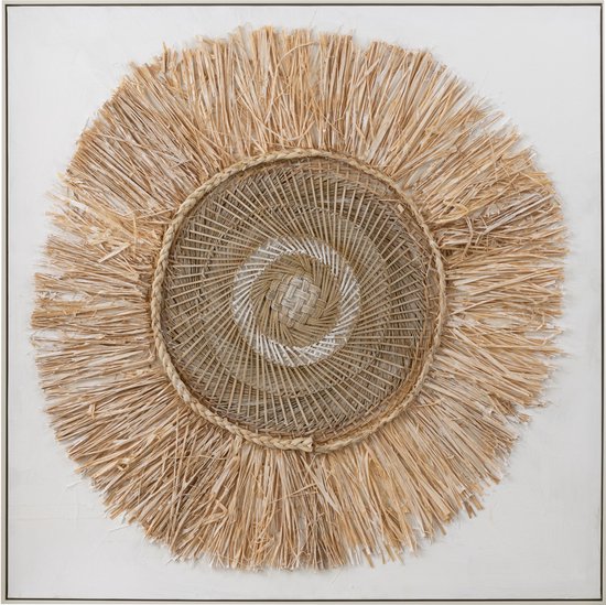 Ronde wanddecoratie met een gecentreerd spiraalpatroon van gevlochten riet, omringd door uitstekende stroken.