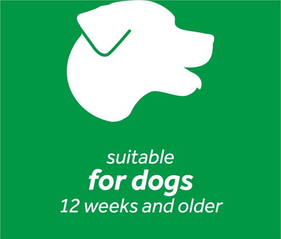Een witte hondenkop op een groene achtergrond met tekst 'geschikt voor honden van 12 weken en ouder'