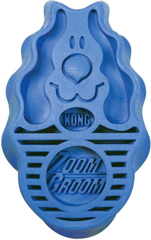 Blauwe KONG ZoomGroom borstel met een hondengezicht design.