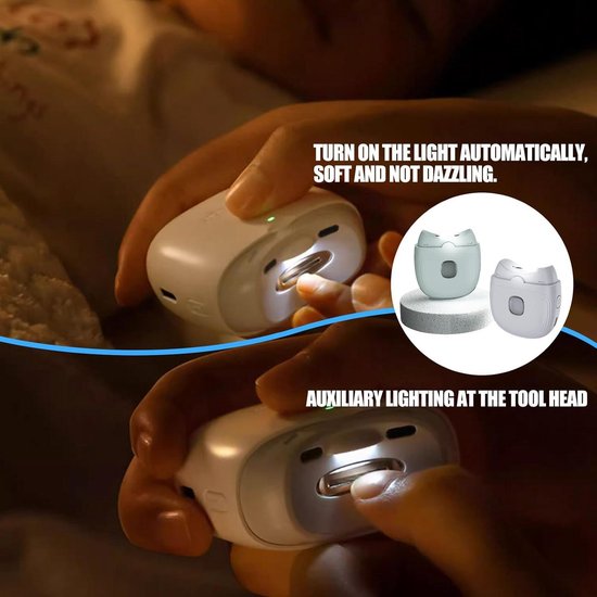 Elektrische nagelknipper met zachte, automatische hulpverlichting. Twee witte modellen.