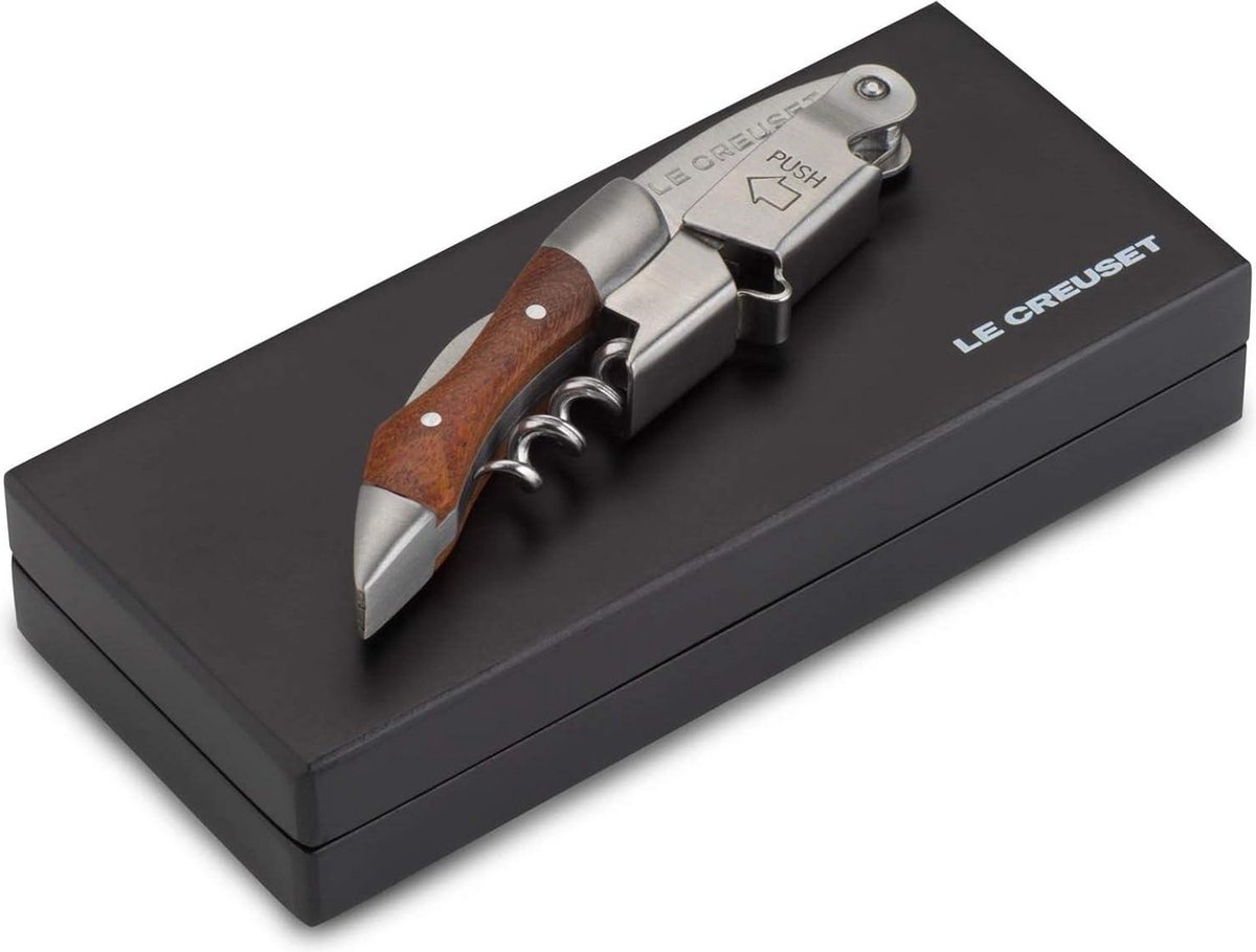 3-in-1 kurkentrekker ober flesopener foliesnijder wijn bier roestvrij staal houten handvat model WT-110 kurkentrekker wijn