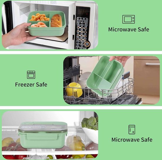 Bento lunchbox stapelbaar, 1400 ml container, met 4 vakken en bestek, lekvrij, 2-laags, voor volwassenen, kinderen, kantoor, magnetronbestendig (helder groen