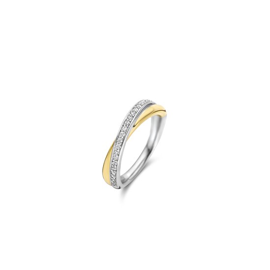 Bague bicolore à bandes croisées, une dorée et une sertie de zircons.