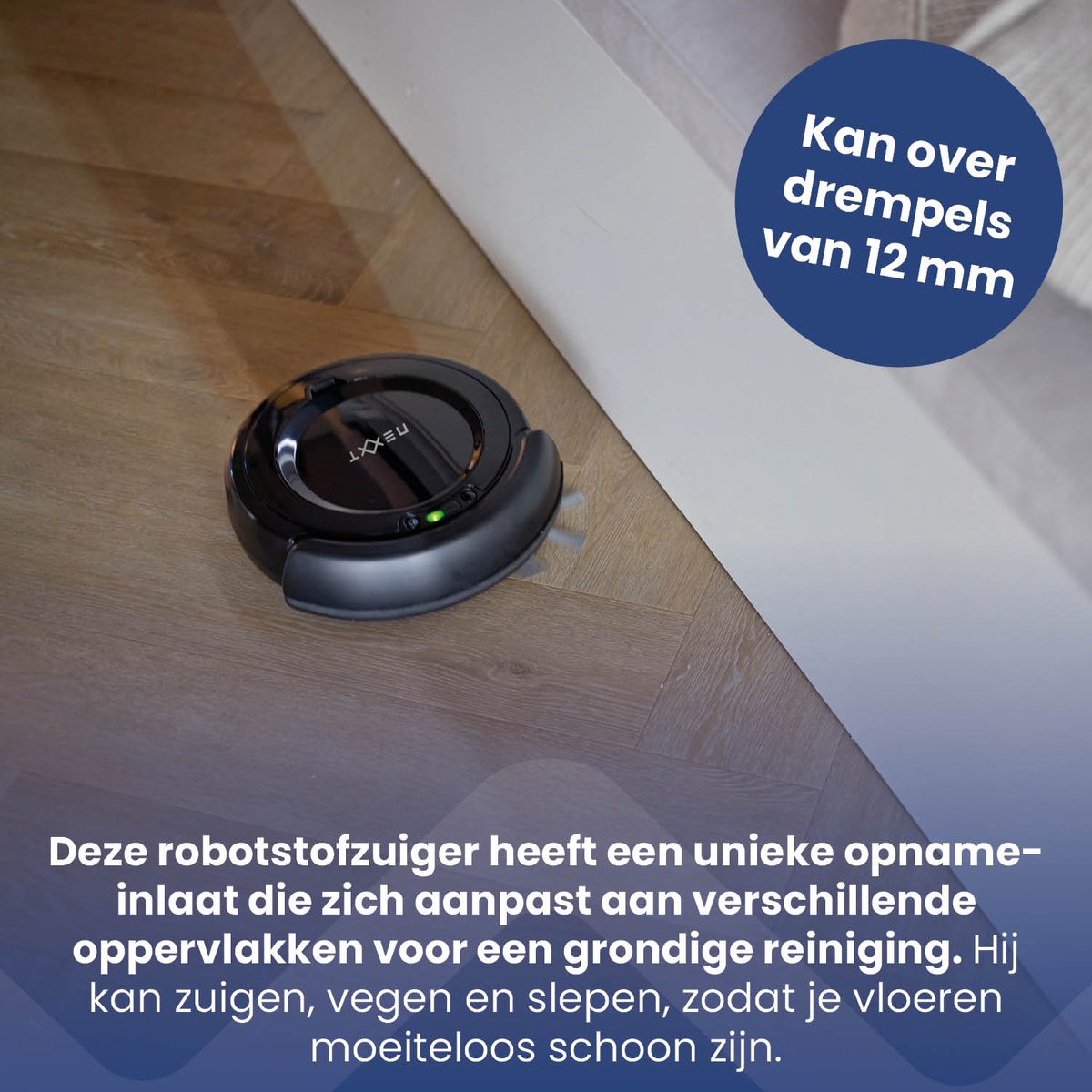 Afbeelding 3 van Nexxt 3-in-1 Robotstofzuiger met Laadstation – Robotstofzuiger Huisdieren – Antivalsensor en 3 Reinigingsmodi – Inclusief Adapter en Borstel – 17W